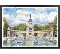 Fine Artic Cuadro del Retiro Madrid - Poster de Madrid de las barcas de El Retiro Estilo Acuarela con Marco de madera Negro - Arte mural de España decoración Clásica - Lámina enmarcada Paisaje Urbano