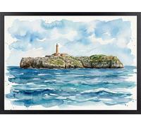 Fine Artic Cuadro Faro de Mouro Santander - Poster de Cantabria Estilo Acuarela con Marco de madera Negro - Arte mural de España decoración Marinera - Cuadros de Paisajes marinos