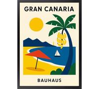 Fine Artic Cuadro Gran Canaria Bauhaus - Poster de Canarias con Marco de madera Negro - Arte mural de Playa decoración Moderna de Viajes - Cuadros de Plátanos