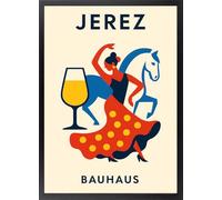 Fine Artic Cuadro Jerez Bauhaus - Poster de Cádiz con Marco de madera Negro - Arte mural de Flamenco decoración Moderna de Caballos - Lámina enmarcada de Vino