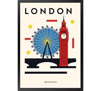 Fine Artic Cuadro Londres Bauhaus - Poster London Reino Unido con Marco de madera Negro - Arte mural de Ciudad UK decoración Moderna Geométrica - Lámina enmarcada de Big Ben
