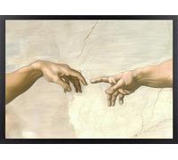 Fine Artic Cuadro Mano de Dios y Adán de Miguel Ángel - Poster Clásico con Marco de madera Negro - Arte mural del Renacimiento decoración de Salón - Lámina enmarcada de Capilla Sixtina