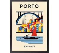 Fine Artic Cuadro Oporto Bauhaus - Poster de Portugal con Marco de madera Negro - Arte mural Porto decoración Moderna Geométrica - Cuadros de Puente Luis I
