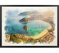 Fine Artic Cuadro San Sebastián - Poster de Bahía de la Concha con Marco de madera Donostia - Arte mural Acuarela decoración Moderna País Vasco - Cuadros de Playas