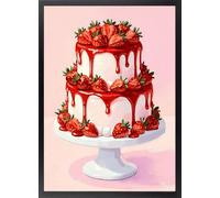 Fine Artic Cuadro Tarta de Fresas - Poster de Dulces con Marco de madera Negro - Arte mural de Cocina decoración Moderna de Comida - Lámina enmarcada Coqueta