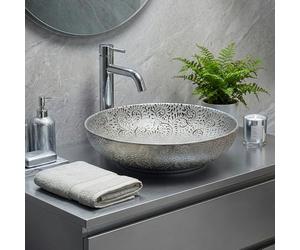 Fine Fixtures Lavabo de baño plateado de lujo de 20 x 15 pulgadas, cuenco ovalado de cerámica, elegante lavabo de encimera, fregadero perfecto para instalación en la parte superior del tocador