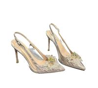 Fine Heel Pointy Diamond Pumps Pearl Wedding Shoes Sparkles Baotou Glass Glue High-Heeled Sandals(Champagne 6CM Heel,34)