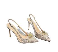 Fine Heel Pointy Diamond Pumps Pearl Wedding Shoes Sparkles Baotou Glass Glue High-Heeled Sandals(Champagne 10CM Heel,38)