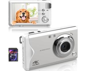 Fine Life Pro Cámara Digital, 4K HD 1080P 48MP, Compacta, Mini Cámara Digital con Tarjeta SD de 32 GB FHD, Recargable con Pantalla LCD, Zoom Digital de 16x para Principiantes (Blanco)