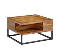 FineBuy Mesa de Centro Moderna Cuadrada 60x60x34,5 cm Madera Maciza de Sheesham y Metal | Mesa Auxiliar con Estante Inferior para Salón | Mesita Café Pequeña para Sofá