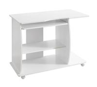 FineBuy Mesa de ordenador GRASSE con ruedas Blanca 90 x 71 x 50 cm con bandeja extraíble para teclado, mesa para portátil con ruedas bloqueables, mesa para PC con estante para impresora que ahorra esp