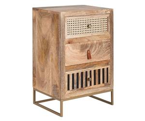 FineBuy Mesita de noche de mango de madera maciza con estructura de metal y 3 cajones, diseño boho y natural con tejido vienés, cómoda perfecta para camas con somier, 40 x 60 x 30 cm