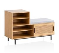 FineBuy Zapatero con asiento de 120 x 75,5 x 40 cm, banco de roble, asiento acolchado de ratán, banco estrecho para pasillo con espacio de almacenamiento, banco de pasillo trenzado vienés, muebles de