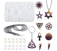 FineInno 9 Shapes Molde de Silicona Colgante Pendant Resin Mold Estrella Nudo trinitario celta Cruz Ankh Aojo Sol con 1 Cuerda Negra, 24 Anillo triangular para DIY Joyas