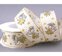 finemark Cinta decorativa de 20 m x 40 mm, diseño de ángel, color crema y dorado con bordes de alambre de lurex, para Navidad, Adviento, cinta decorativa