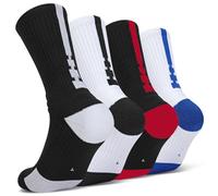 Finerview Elite - Calcetines de baloncesto, paquete de 4 calcetines deportivos acolchados para adultos y jóvenes, Negro/Blanco/Azul/Rojo, M