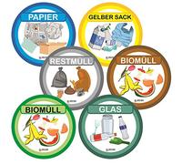 Finest Folia Juego de 6 pegatinas para separación de residuos, resistentes a los arañazos y a la intemperie, diámetro de 100 mm (R034)