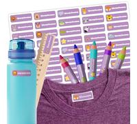 Finest Folia Juego de pegatinas personalizadas para niños ropa bolígrafos cuadernos guardería guardería con nombre personalizado textiles con nombre resistentes al agua (Morado, 120 piezas)