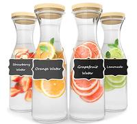 FINEW Juego de 4 jarras de cristal de 1 litro, jarra de agua con tapa, jarra de agua más gruesa y fuerte, jarra de cristal para bebidas, juego de decantador con 4 etiquetas de madera