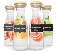 FINEW Juego de 4 jarras de cristal de 1 litro, jarra de agua con tapa, jarra de agua más gruesa y fuerte, jarra de cristal para bebidas, juego de decantador con 4 etiquetas de madera