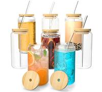 FINEW Juego de 8 vasos con tapa y pajita de cristal, 8 vasos de cóctel, 450 ml, vasos de café helado, vasos de vaso con 2 cepillos de limpieza para té de burbujas, whisky, cócteles, vasos de cerveza