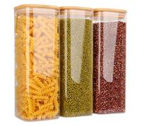 FINEW Set de 3 tarros de almacenamiento de vidrio con tapa de 2100 ml, tarros de almacenamiento cuadrados, grandes recipientes herméticos de vidrio, tarros de especias para cocina de espaguetis