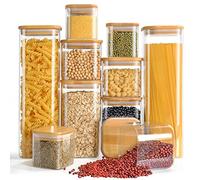 FINEW Tarros de cristal con tapa, juego de 10 unidades, rectangulares, herméticos, 2500 ml/1500 ml/750 ml/350 ml, grandes recipientes de cristal, tarros de especias para espaguetis, cereales, especias