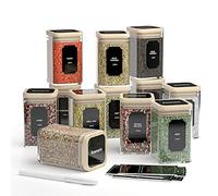 FINEW tarros de especias con tapa hermética de bambú - 12 x 200 ml, frascos de cristal de con tapa de bambú, juego con etiquetas y marcadores, tarros para guardar especias