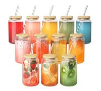 FINEW Vasos Copas Coctel Vidrio con Tapa y Pajita, Juego 12 Vasos 450 ml, Café Helado, Vaso Largo, 2 Cepillos Limpieza, Té Burbujas, Whisky, Cócteles, Cerveza