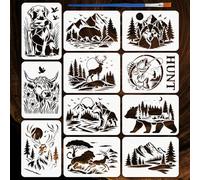 FINGERINSPIRE 11 plantillas para paisajes de caza con pincel, 21 x 29,7 cm, plantillas para animales salvajes, plantillas para paisajes de montañas y bosques, plantillas para osos, ciervos, lobos