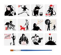 FINGERINSPIRE 12 plantillas de dibujo de Banksy con un pincel de pintura de 30 x 30 cm, plantilla de Banksy para pintar en muebles de pared de madera