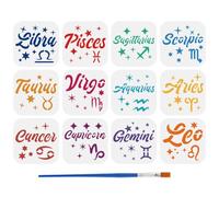 FINGERINSPIRE 12 plantillas de palabras del zodiaco con 1 pincel de plástico de 10 x 10 cm, signos del zodiaco, constelación, texto, dibujo, plantillas, decoración, plantillas temáticas de fantasía