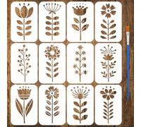 FINGERINSPIRE 12 plantillas de pintura de plantas folclóricas con pincel, 18 x 12 cm, plantillas decorativas florales reutilizables para pintar sobre madera, tela, papel de pared, muebles