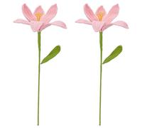 FINGERINSPIRE - 2 flores de lirio artificiales de ganchillo hechas a mano con bolsas de embalaje, ramo de flores de lirio de algodón de punto rosa con hilo de hierro, flores artificiales de ganchillo