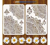 FINGERINSPIRE 2 piezas Mandala Esquinas Plantilla de Pintura con Pincel de Plástico 21x29.7cm Patrón de Flores Plantilla Gruesa Plantilla de Borde Decorativo Plantilla Temática Diaria Para Pintar en