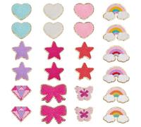 FINGERINSPIRE 24Pzs Apliques de Tela de Chenilla 12Estilos Corazón Estrella Autoadhesivo Parches de Tela Mariposa Bordado Coser en Apliques Bowknot Rainbow Diamantes Forma Parche para Vestido de Tela