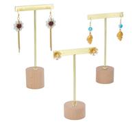 FINGERINSPIRE 3 piezas expositor de pendientes en T de metal dorado, altura 12/14,5/16,8 cm, soporte para joyas con base redonda de madera, soportes para pendientes para tienda de fotografía Detalle
