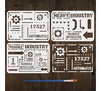 FINGERINSPIRE 3 plantillas de patrones de estilo industrial retro para pintar con pincel, 21 x 29,7 cm, engranajes, flechas, plantillas, números, letras, frases, plantilla temática retro para pintar
