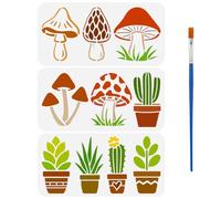 FINGERINSPIRE 3 plantillas de pintura de plantas en maceta con pincel de 30 x 15 cm, flores, hongos, cactus y suculentas, plantilla de dibujo para pintar en paredes de madera, muebles de tela