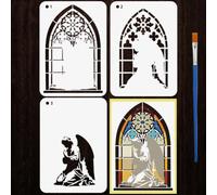 FINGERINSPIRE 3 plantillas góticas de ángel para ventana de iglesia con un pincel de 8.3 x 11.7 pulgadas, plantilla de dibujo de ángel de rodillas para pintar sobre vidrio