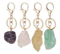 FINGERINSPIRE 4 llaveros de piedra de cristal de cuarzo natural, 4 estilos envueltos en alambre, irregulares, piedras preciosas rugosas, amatista, cuarzo rosa, fluorita, citrino, cristal, llavero con