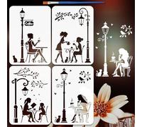 FINGERINSPIRE 4 plantillas de calle 21x29,7 cm con un cepillo, plantillas de farolas y café, plantillas A4 reutilizables para dibujos de vistas urbanas para pintar DIY en madera, pared, lona, muebles