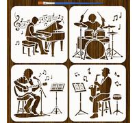 FINGERINSPIRE - 4 plantillas de instrumento musical con pincel, 20 x 20 cm, plantilla de pianista, silueta, batidor, plantillas artesanales, tema musical para pintura sobre cartón pared, tela de tela
