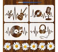 FINGERINSPIRE 4 plantillas de música de 29,7 x 21 cm, diseño de latido de corazón, guitarras, auriculares, plantillas de dibujo con un pincel para pintura de tela, decoración de madera, bricolaje