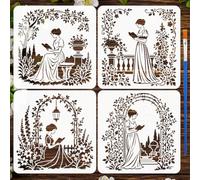 FINGERINSPIRE 4 plantillas de pintura Victoria Garden para mujer, con pincel, 30 x 30 cm, flores de árbol, enredaderas, plantillas para decoración de pared y suelo