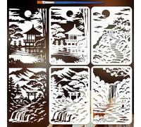 FINGERINSPIRE 4 plantillas para pintura de paisajes orientales con pincel, 21 x 29,7 cm, plantilla decorativa para dibujo de casa, árbol, sol y nubes, plantilla de tema oriental para decoración de