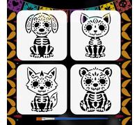 FINGERINSPIRE 4Styles Plantilla de Calavera de Azúcar con Pincel 15 x 15 cm Gatos Perros Plantillas de Pintura Mascotas Zorros Osos Plantillas Día de los Muertos Motivos Plantilla para Pintar en
