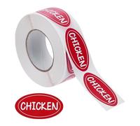 FINGERINSPIRE 500 etiquetas adhesivas de pollos para alimentos, 25 x 45 mm, diseño ovalado, diseño de gallinas, etiquetas para alimentos, con patrón de palabras, etiquetas de carne, pegatinas de