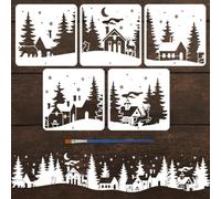 FINGERINSPIRE 5Styles - Plantillas de casa de bosque de invierno con un pincel, 30 x 30 cm, plantillas de pintura de pueblo de invierno, plantilla de Navidad para ventana, vidrio, PET, temas de