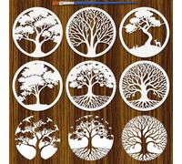 FINGERINSPIRE 6 plantillas circulares de pintura de árbol con pincel, 20 x 20 cm, plantillas con diseño de árbol de la vida, plantillas redondas de plástico para dibujar árboles naturales para